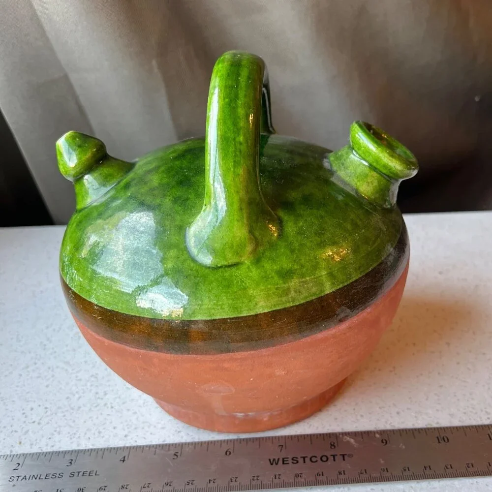Handcrafted Green Glazed & Terracotta Clay French Gargoulette Confit Oil Jug